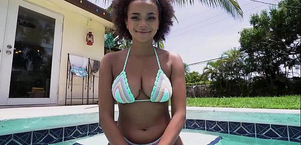  Cute black teen with huge boobs shows off before sex